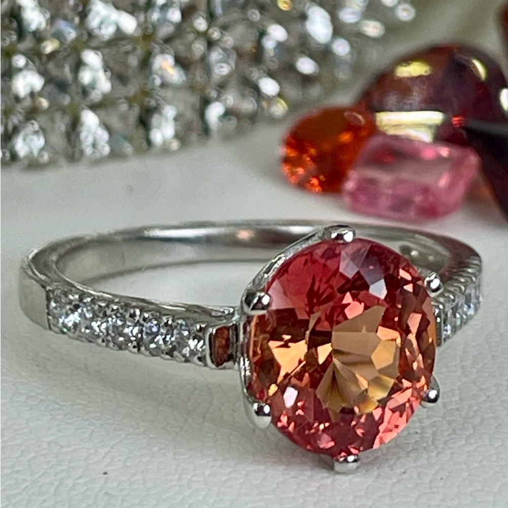 Kay Jewelers Orange Pink Oval Gemstone Ring with Pavé Diamonds